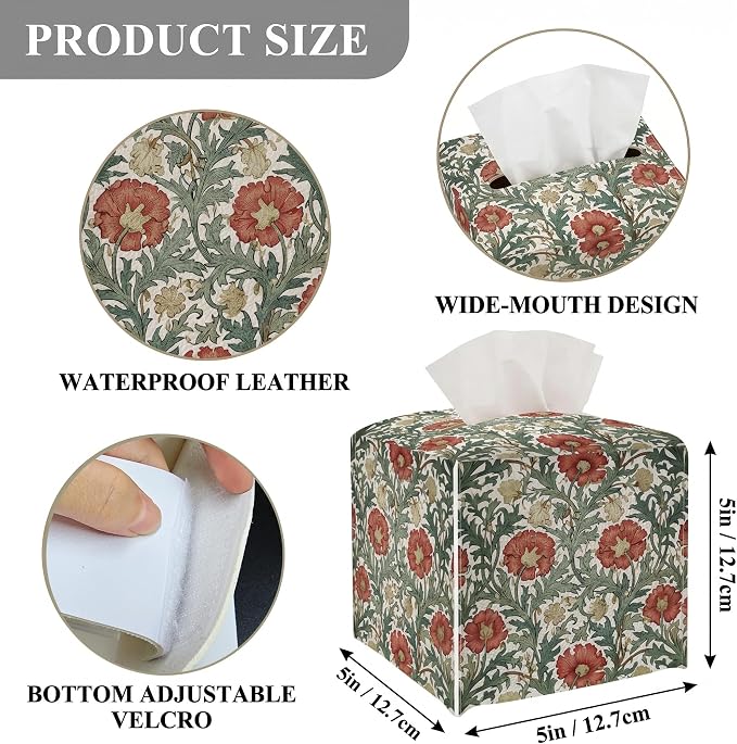 Tissue Box Cover Holder Square - Vintage Boho PU Leather Decorative Organizer, Ethnic Carpet Pattern Design Inspired, with Bottom Belt for Bathroom Car Office Tabletop Home, 5x5 Inch (Beige&Blue)