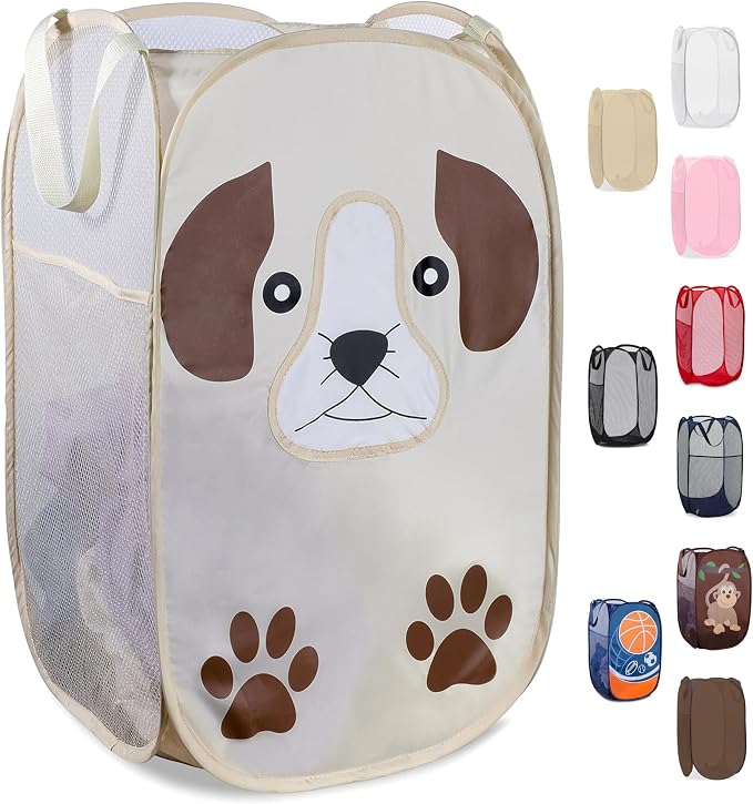 Pop Up Laundry Hamper, Cute Puppy 71L Collapsible Mesh Basket with Handles | Collapsible Mesh Pop Up Hamper, Wide Opening, Side Pocket, Breathable, Sturdy, Foldable, Space-Saving for Clothes Storage