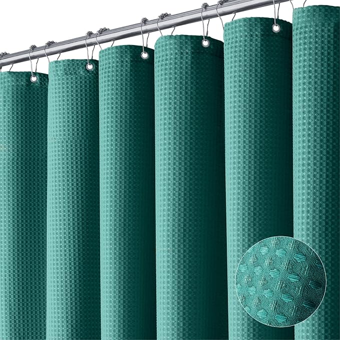 Extra Long Waffle Shower Curtain 256GSM Fabric 72x84 Seaweed Green | 84 Inch Long, Thick Cloth, Weighted Hem, Water Repellent, Tall Hotel Luxury Polyester Shower Curtains for Bathroom 12 Hooks
