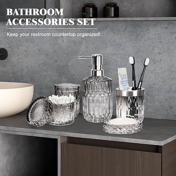 Bathroom Clear Glass Accessories Set, 5Pcs Bathroom Soap Dispenser Set, Glass Bathroom Accessories with Glass Soap Dispenser, Soap Dish, Toothbrush Holder, Tumbler, Cotton Swab Jar (Black & Clear)