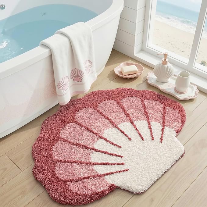 DEXI Cute Seashell Bath Mat, Coastal Scallop Bathroom Rug, 38x30 Pink | Soft and Absorbent Microfiber, Non Slip, Machine Washable Bathmat for Shower Floor, Bedroom, Kids Room, Home Decor