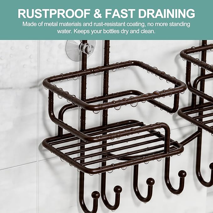 SRIWATANA Shower Caddy Hanging, Shower Organizer with Razor Hooks, Bronze | Rustproof Shower Rack, No Drilling Shelves Over Shower Head, Anti-Swing Scution Install, Bathroom Holder for Sponge Loofah