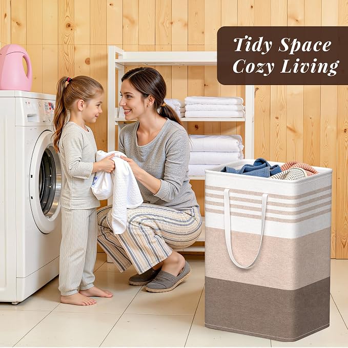 WOWBOX 2 Pack Laundry Baskets, Collapsible Dirty Clothes Laundry Hampers | with Reinforced Handles, Waterproof Coating, 2 Pack for Clean & Dirty Clothes, for Bedroom, Bathroom, Dorm (75L Khaki)