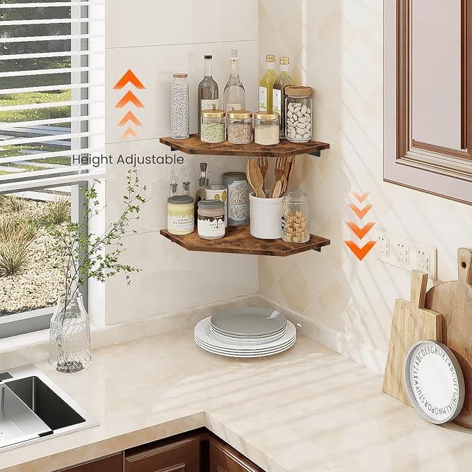 Corner Shelf Wall Mount, Set of 2 Floating Corner Shelf Organizer for TV Accessories, Speaker, Cable Box, Game Console, Storage for Bathroom Kitchen Living Room Bedroom, Rustic Brown