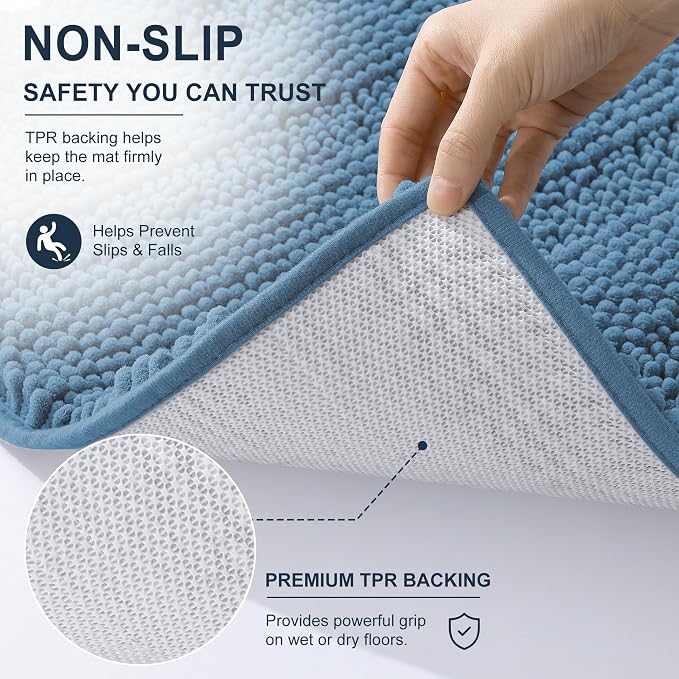 Smiry Thick Chenille Large Bathroom Runner Rugs 40x24, Bath Mat, Airy Blue | Quick‑Dry & Machine Washable, Non‑Slip Bath Carpet, Soft Striped Bath Rugs for Tub & Shower, Modern Home Decor Accessories