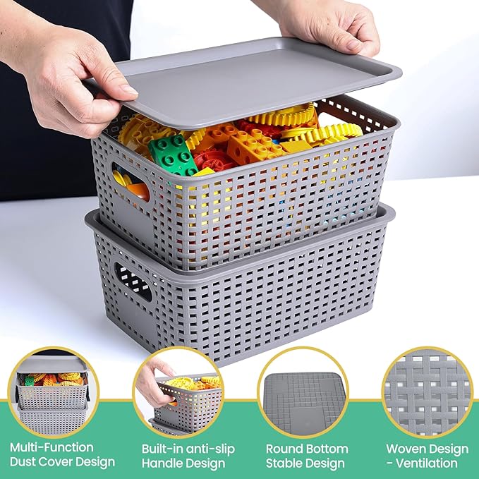 Ohmlove 8 Pack Plastic Storage Baskets with Lids for Organization | Stackable Storage bins, Storages Baskets for Organizing Shelves Drawers Desktop Closet Playroom Classroom Office, Gray