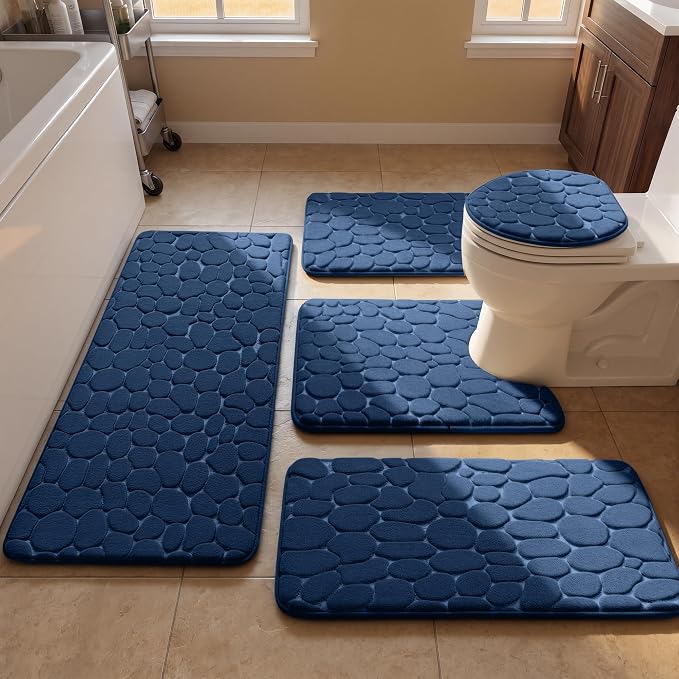 Bathroom Rugs Mat Set, Memory Foam Bath Mat 5 Piece Navy Blue | Non Slip, Water Absorbent, Washable, Bath Mat For Bathroom, Sink and Toilet