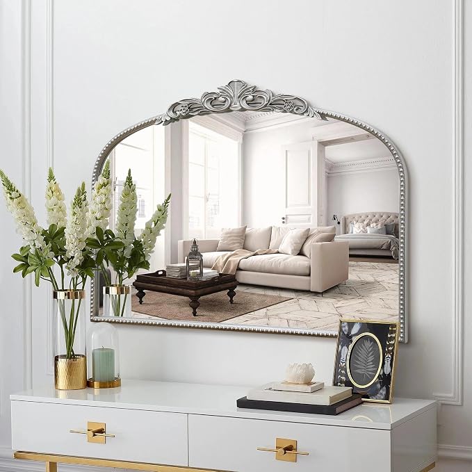 Micasso Vintage Silver Arched Mirror: 32"x24" Baroque Antique Vanity Mirror | Traditional Ornate French Decorative Wall Mirror for Bedroom/Bathroom/Entryway/Hallway/Dresser/Mantel/Nightstand/Over Sink