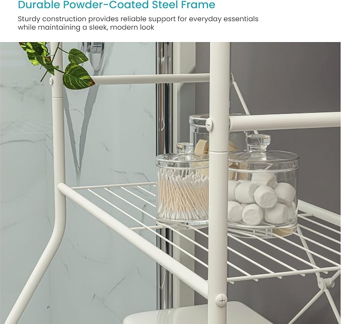 Home Zone Living Over-the-Toilet Bathroom Storage Cabinet Organizer | Freestanding Steel Frame Design with 3-Tier Shelves, Wide Stabilizing Base and Adjustable Feet, White