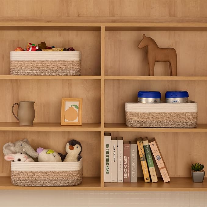 MiniArk Large Shallow Organizing Baskets 15x11x5.1 Inches - Rope Woven Storage Bins for Bathroom, Shelves, Cube Closet, Gradient Brown 2 Packs