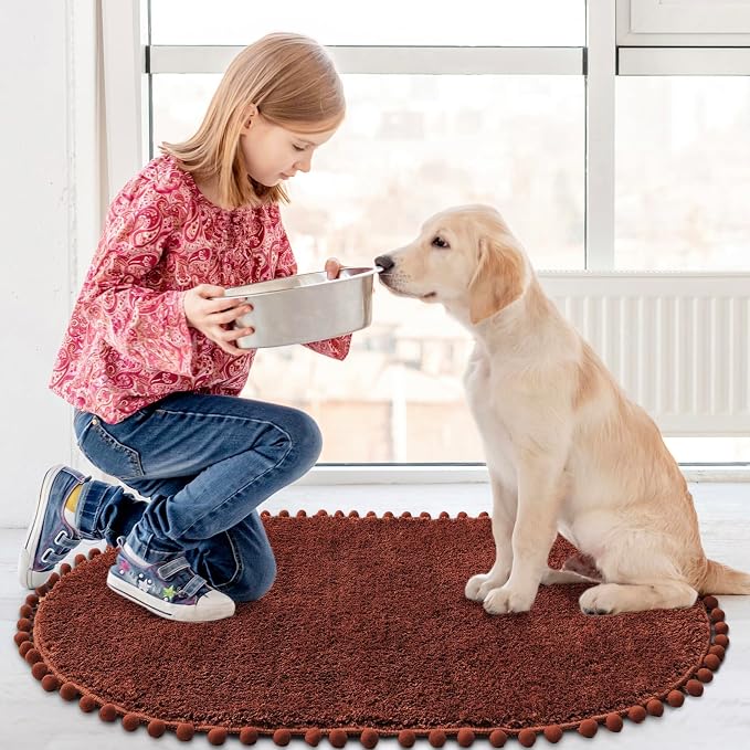 YIRDDEO Oval Rug for Bathroom, Boho Bath Mat with Pom, Terracotta, 36"x24" | Soft Plush, Absorbent, Quick Dry, Machine Washable, Non Slip Bath Mat for Bathroom Shower Floor Home Decor