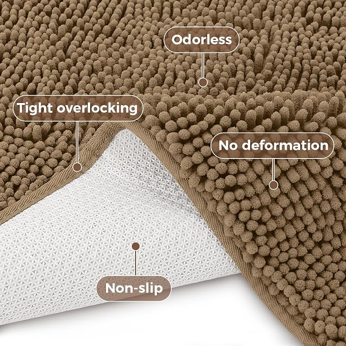 Bcoimo Bath Rug Mat,30x20 Chenille Non Slip Tan Bathroom Floor Shower Mats | Extra Soft Bathroom Rugs;Non Slip with Rubber Backing Bath Mats;High Absorbent And Quick Dry Microfiber mat; Machine Washable