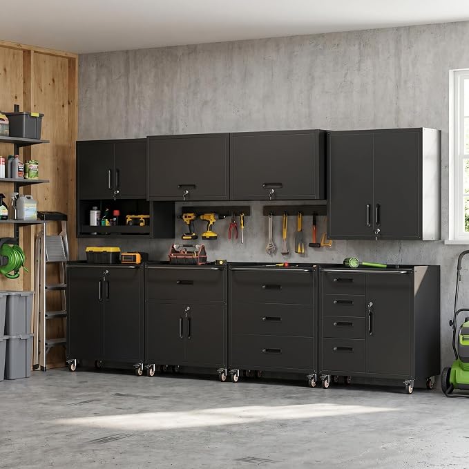 Garage Storage Cabinet System,Wall Cabinet & Locking Rolling Tool Cabinet with Doors and Adjustable Shelves