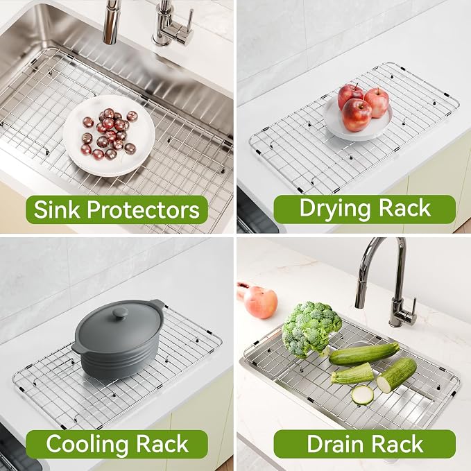 Kitchen Sink Grate for Bottom of Sink 29-1/2"X15-9/16", 304 Stainless Steel | Sink Grid Single-Bowl Farm Sink Protector Metal Grill Rack Centered Drain with Corner Radius 3/8" and Soft Rubber Feet 20pcs