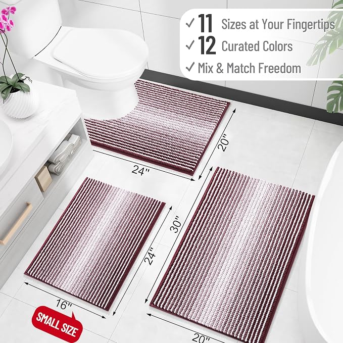 OLANLY Bathroom Rugs 36x24, Soft Chenille Striped Bath Rugs, Burgundy | Extra Absorbent, Rubber Backing, Machine Wash Dry, Bath Mats for Bathroom Floor, Tub and Shower, Home Decor Accessories