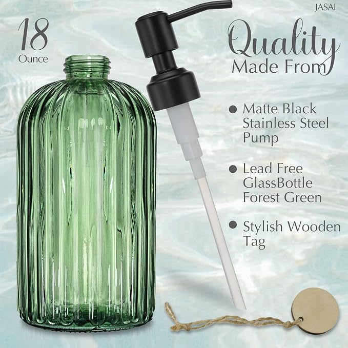 JASAI 18Oz Green Glass Soap Dispenser with Black Rust Proof Pump | Refillable Bathroom soap Dispenser with Thick Glass, Kitchen Soap Dispenser for Dish soap, Hand Soap, Lotion, liquid Soap