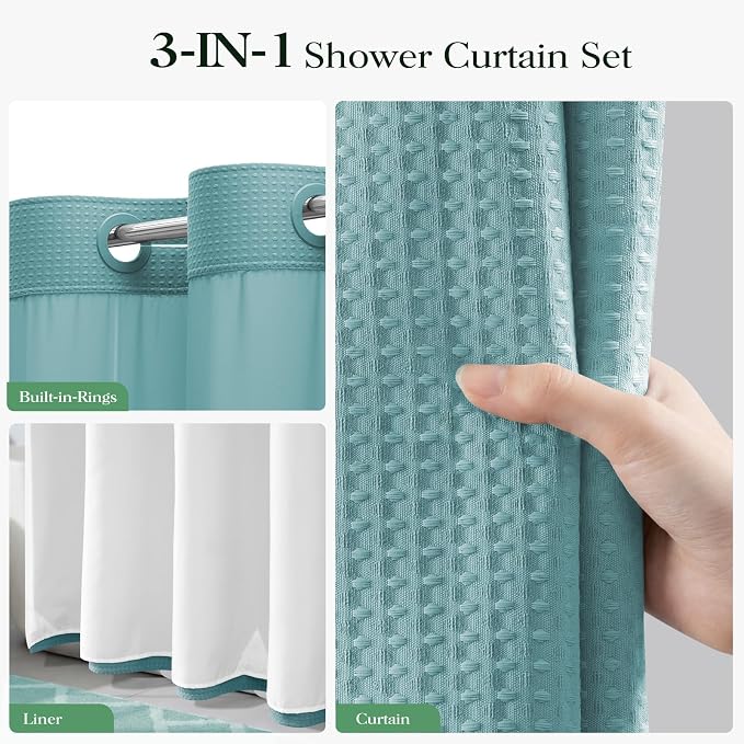 Teal Hook Free Waffle Shower Curtain & Snap-in Fabric Liner,72x75 | Less Time to install, 3 in 1 Fabric Shower Curtain and Liner Set with Magnets, Mesh Top Window, Shower Curtains for Bathroom