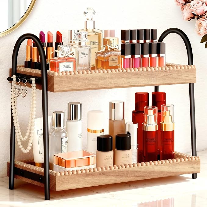 Bathroom Vanity Organizer Countertop 2-Tier Waterproof 20+ Bottles 8 Hooks | Tall space large perfume/skincare bottles, vanity/bathroom/dresser, paulownia wood, hooks keep jewelry neat, non-slip base