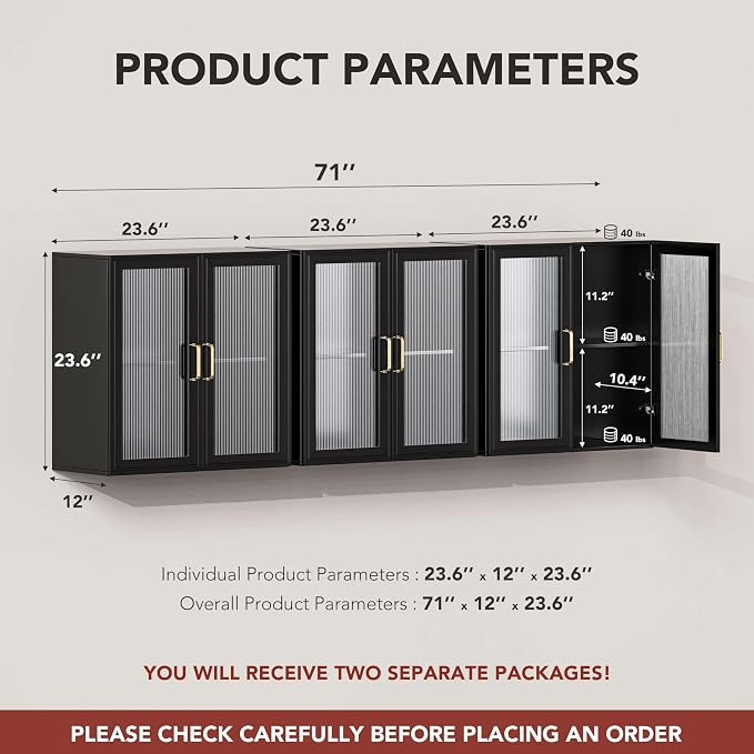 Furnaza Set of 3 Black Kitchen Wall Storage Cabinet with Adjustable Shelf | Upper LED Wall Cabinets with Acrylic Glass Doors for Bathroom,Garage,Laundry Room,72"W x 12"D x 22"H