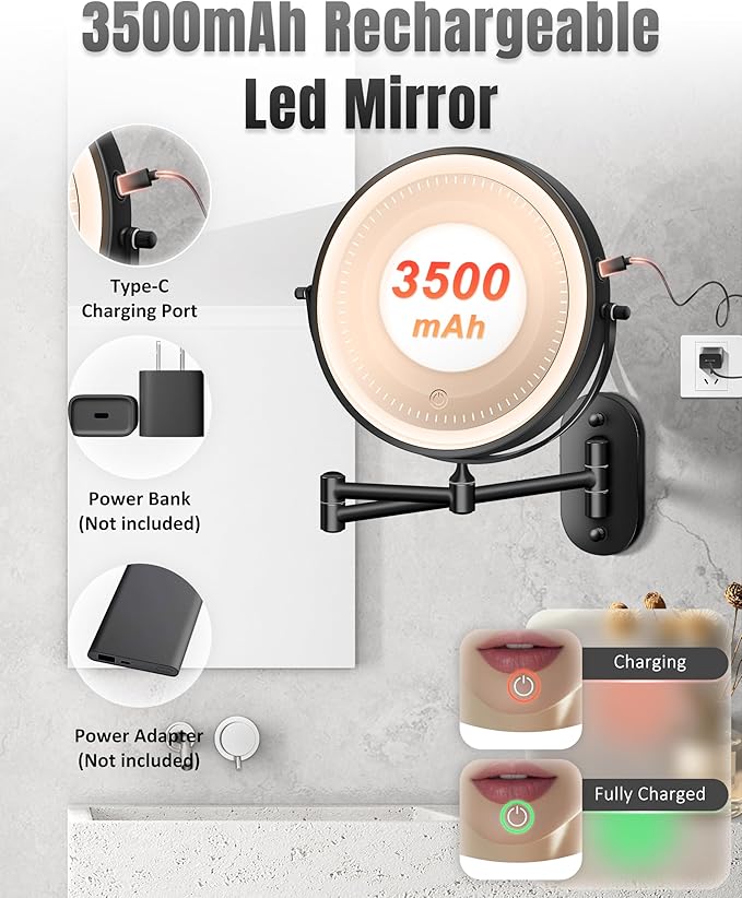 30X/1X 8 Inch Wall Mounted Magnifying Makeup Mirror with Light for Bathroom | 3500mAh Double Sided Rechargeable LED Lighted Vanity Mirror with Magnification 3 Color Light up Extended Arm 360 Rotation