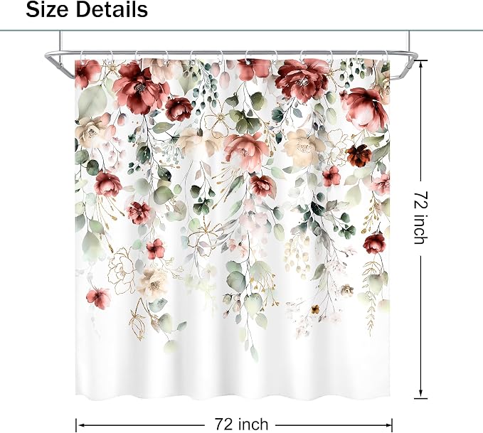 Red Floral Burgundy Rustic Watercolor Plant Bathroom Shower Curtain Set | 72"W x 72"L Flower Green style, clear shower print, fast-dry fabric and hooks for a simple bath update.