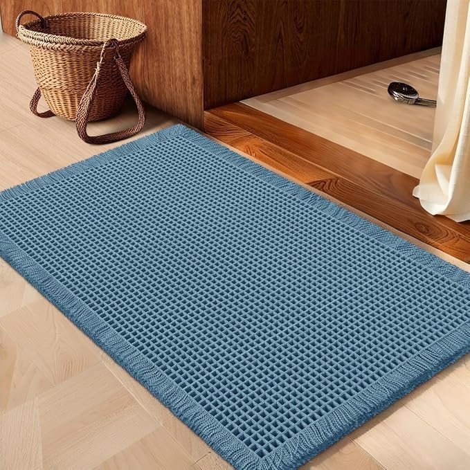 Waffle Bath Mat Blue 36"x24", Boho Woven Modern Bath Mat Rugs, Absorbent Non Slip Bathroom Rugs, Soft Washable Bath Rugs with Tassels for Bedroom, Kitchen, Shower, Tub