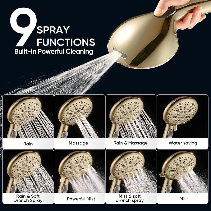 Cobbe 9 Spray Modes Handheld Shower Head, Water-Saving, Gold | Power Rinse, 1-Click Pause & Flow Control, 6ft Stainless Steel Hose, Adjustable Brass Bracket