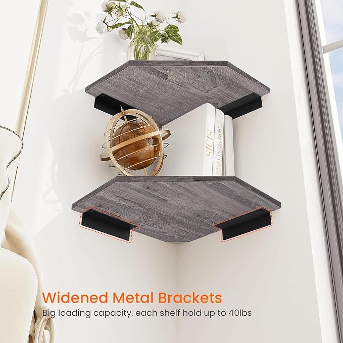 Corner Shelf Wall Mount, Set of 4 Corner Floating Shelves with Cord Hole, Wall Shelf Organizer, Wood Hanging Storage Shelving for Bathroom Bedroom Kitchen, Rustic Grey