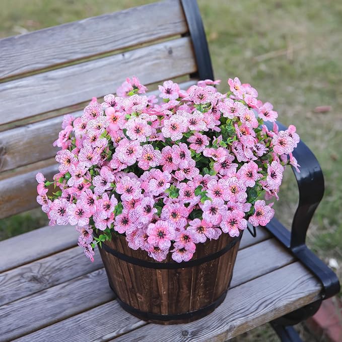 Artificial Flowers for Outdoor Indoor Garden Home Decoration, Faux Flower Daisy with Eucalyptus Leaves Fake Plants Greenery Boxwood Porch Patio, 12 Bundles (Pink)