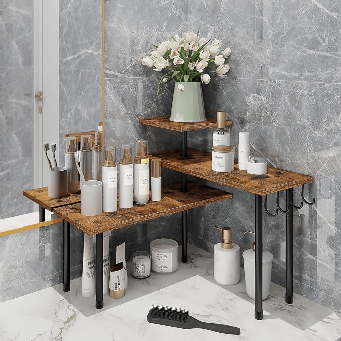 Kitchen Countertop Organizer - 3 Tier Corner Shelf, Bathroom Counter Organizer, Spice Rack, Coffee Bar, Over Sink, Rustic Brown