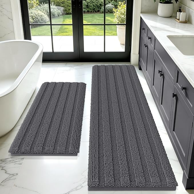 Striped Grey Bathroom Rug Mat Set 2 piece 32"x20"+60"x20" Ultra Soft, Non Slip Chenille Bath Rugs, Absorbent Plush Shaggy Bath Mats for Bathroom, Bedroom, Kitchen, Shower, Tub,Dark Gray, Charcoal