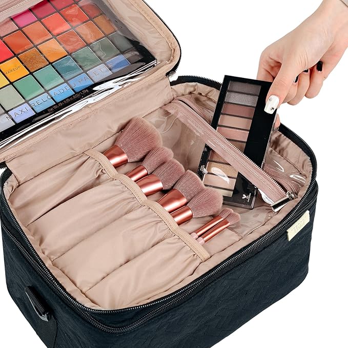 NISHEL Large Makeup Bag Organizer, Double Layer Cosmetic Travel Case | Organizer for brushes, bottles, makeup and skin care products, ideal for trips and daily use, Black, Extra Large