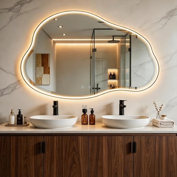 POZINO 42"x28" Irregular LED Bathroom Mirror with Lights, Black Metal Frame | Beveled Edge, 3 Color Dimmable, Anti-Fog, Memory Function, IP65 Waterproof, Cloud Shaped Bathroom Mirror with Front Lights