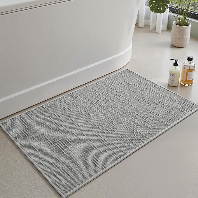 AMOAMI Bath Mat Non Slip Super Absorbent Quick Dry Bath Mats for Bathroom Floor Rubber Backing Washable Bathroom Rugs Modern Woven Jacquard Mat, Beside Tub Bath Rugs, 20" x 32", LightGrey
