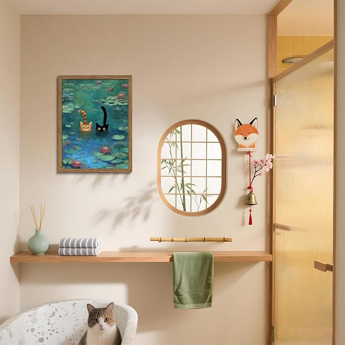 Framed Cat Wall Art, Vintage Whimsical Claude Monet Canvas Wall Decor Painting, Cute Funny Water Lilies Cat Poster Print Picture for Living Room Bedroom Bathroom 16x24 Inch