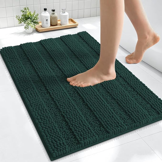 Smiry Thick Small Chenille Bathroom Rugs 24x16, Bath Mat, Blackish Green | Quick‑Dry & Machine Washable, Non‑Slip Bath Carpet, Soft Striped Bath Rugs for Tub & Shower, Modern Home Decor Accessories