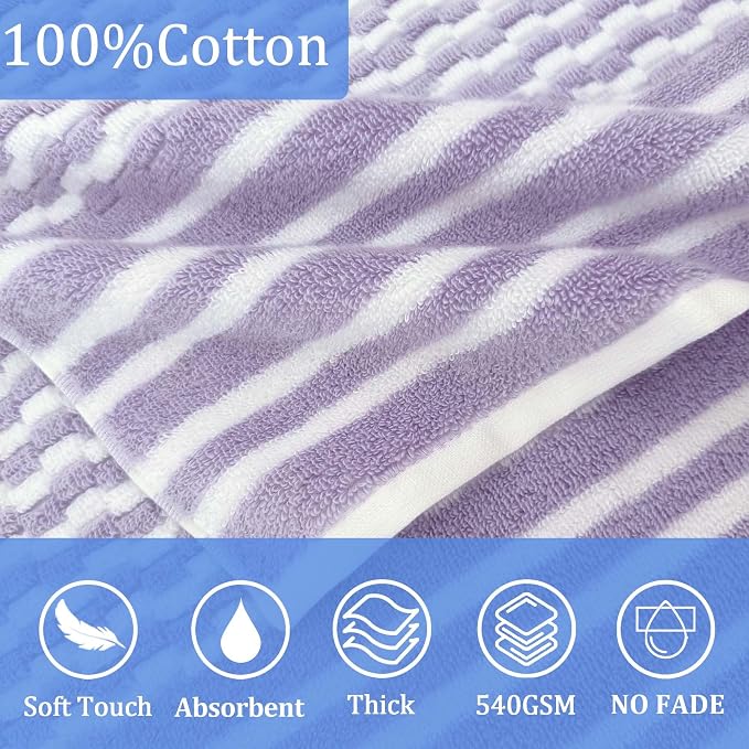 VOOVA & MOVAS Kids Hooded Bath Towel, 6-10 Years, 100% Cotton,Purple Stripe | Elegant Vertical Stripes, Thick Plush Material, Fast Drying for Outdoor Water Activities