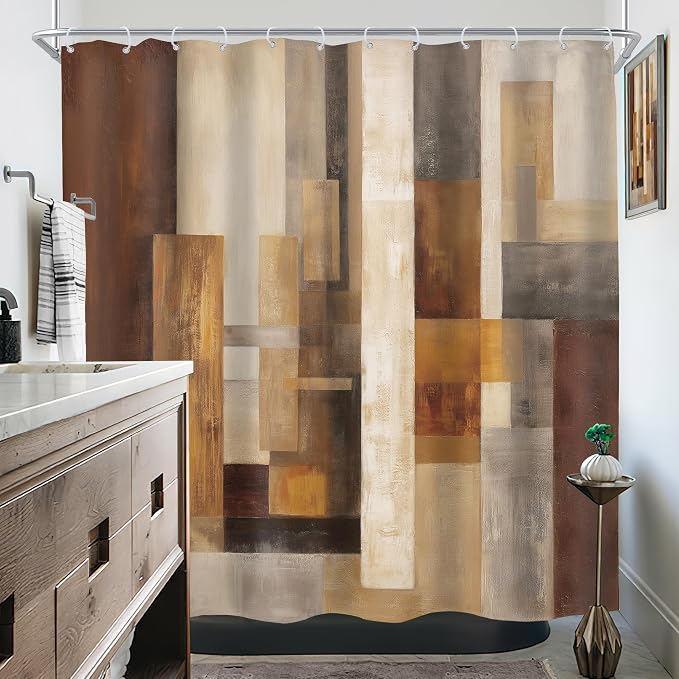 Abstract Brown Rustic Tan Block Rust Wood Bathroom Shower Curtain Set | 72Wx72H Geometric Farmhouse design, waterproof HD print with fast-drying fabric and 12 hooks.