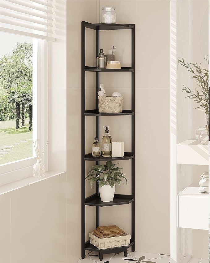 Hzuaneri Corner Shelf Stand 6-Tier Corner Bookshelf Storage Standing Shelf | Bookcase Plant Stand with Metal Frame for Living Room, Home Office, Bedroom, Black CS06006B