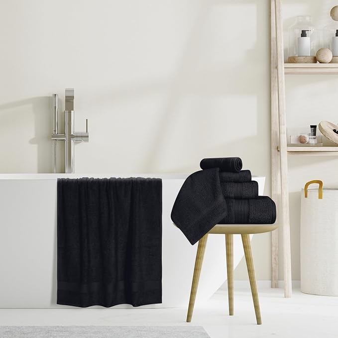 GLAMBURG Ultra Soft 8-Piece Towel Set - 100% Pure Ringspun Cotton, Contains 2 Oversized Bath Towels 27x54, 2 Hand Towels 16x28, 4 Wash Cloths 13x13 - Ideal for Everyday use, Hotel & Spa - Black