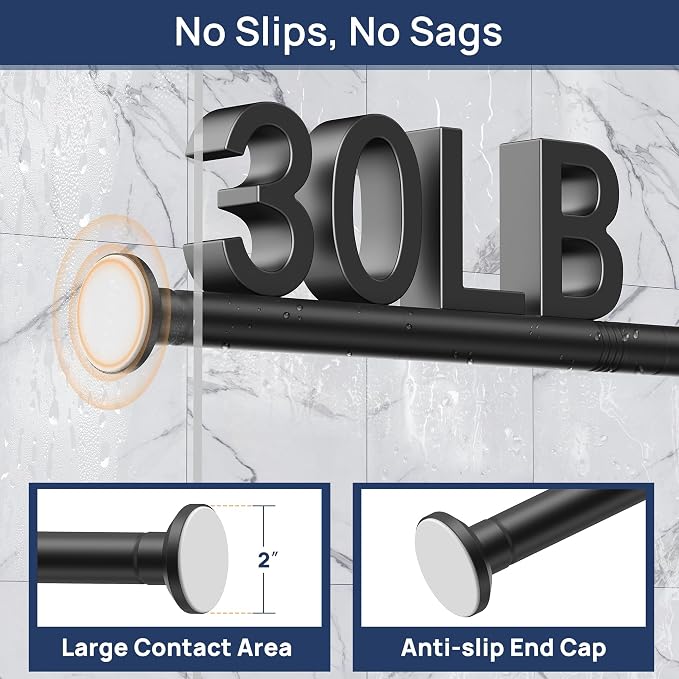 ENJOYBASICS 1" Black Shower Curtain Rod, 30-64" Adjustable, Secure Tension | Easy No-Drill Installation, No Tools, No Gaps, Sturdy Rust-Resistant Steel, Sag-Resistant Design, Tubs, RVs, Apartments