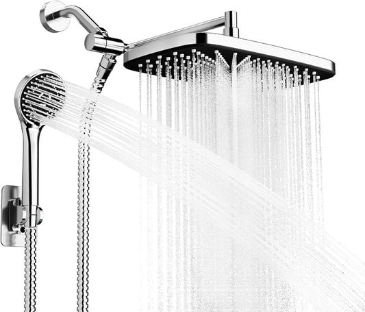 Chrome Rain Shower Head with Handheld Shower Head, 5 Spray Modes | High-Pressure Dual Shower Combo, Multi-Spray Handheld, 15-Inch Metal Extension Arm, Detachable Design for Easy, Flexible Use