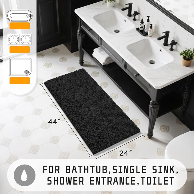 Yimobra Long Bathroom Rugs 44"x24", Extra Soft Non Slip Bath Mat for Tub, Super Absorbent Quick Dry Shaggy Rug Floor Carpet, Machine Washable,Black