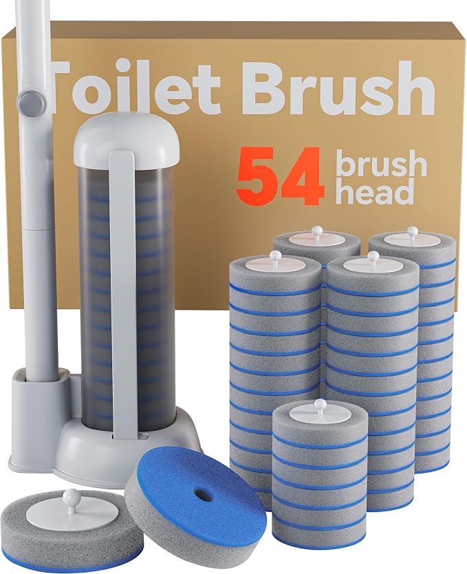 Disposable Toilet Brush Set with Caddy, 1 Handle, 54 Refills | Touch-free eject, secure-lock refill head, 17 in handle, auto-open floor caddy, 54 preloaded sponge refills for toilet bowls