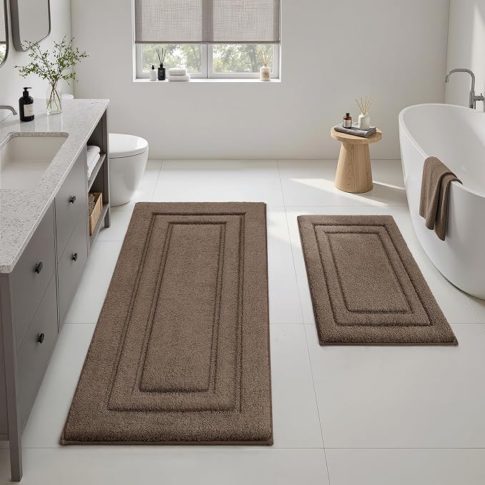 HOMEIDEAS Bathroom Rugs Sets 2 Piece, Super Soft and Absorbent Non Slip Microfiber Machine Washable Bath Mat Set (20" x 47" + 16" x 24", Brown)