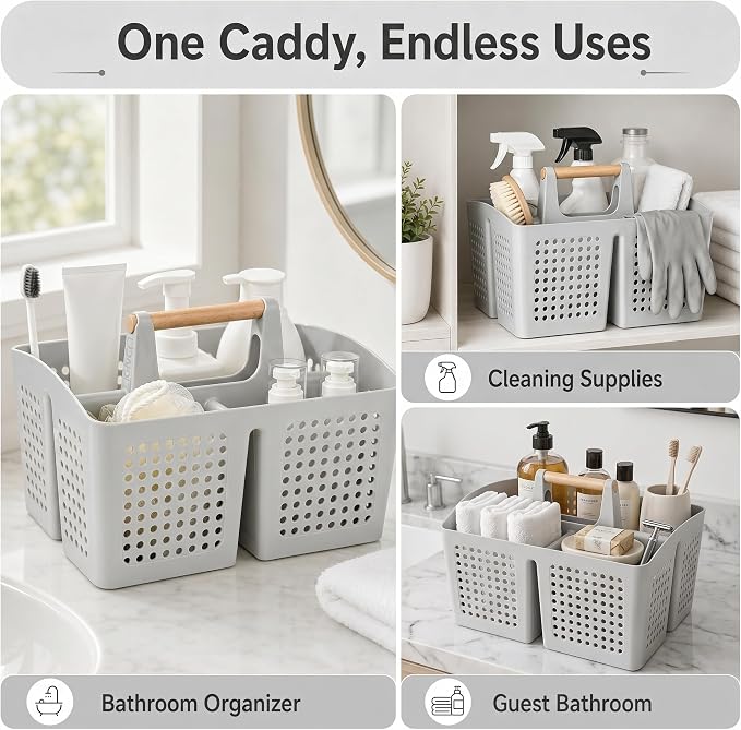 Portable Shower Caddy Basket with 3 Compartments and Handle, Light Gray | Plastic Divided Storage Caddy for Bathrooms, Apartments, Guest Rooms, Offices, Crafts and Under-Sink Organization