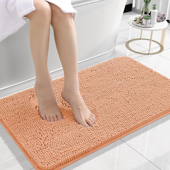 OLANLY Small Bathroom Rugs 24x16, Extra Soft Absorbent Chenille Bath Rugs | Peach, Quick-Drying Rubber Backing, Machine Washable Bath Mat for Bathroom Floor, Tub and Shower, Home Decor Accessories