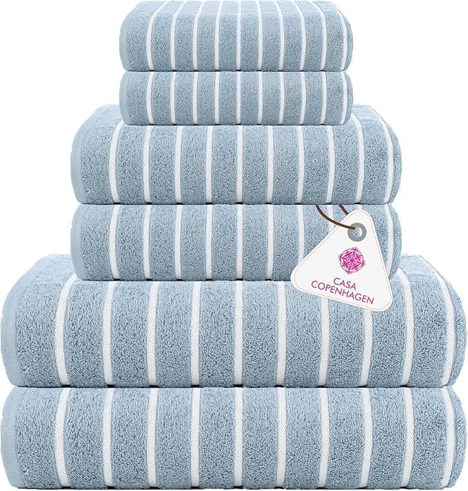 CASA COPENHAGEN Ecstatic 6 Pieces Towel Set- Dusty Blue, 600 GSM 2 Bath, 2 Hand, 2 Washcloth, Designed in Denmark Made of Soft Egyptian Cotton for Bathroom Set for Women & Men