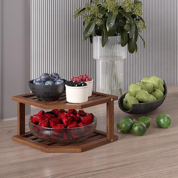 VERTORGAN 2 Tier Bamboo Plate Organizer,Corner Shelf for Kitchen(Brown | Pantry Storage,Dish Rack,Spice Rack,Corner Organizer,Kitchen Counter Shelves,Kitchen Storage,Holds Plates