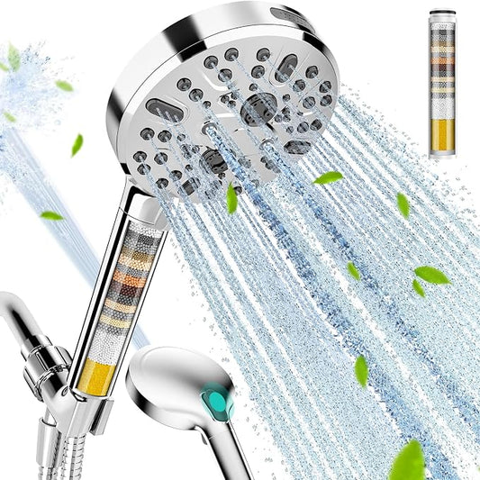 Filtered Shower Head with Handheld - High Pressure 9 Spray Modes Showerhead with 16-Stage Water Softener for Hard Water - Purifying Detachable Hand Held Shower Head, Chrome
